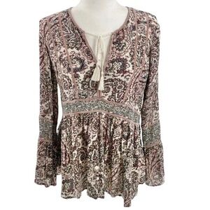 AEO AMERICAN EAGLE Peplum Top Paisley Print‎ Bell Sleeve Peasant Blouse Boho MED